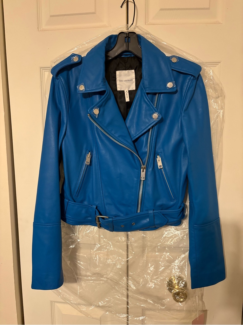 Avec Les Filles Blue (Lagoon) NWT 100% Lamb Leather Biker Jacket with Belt US8/M